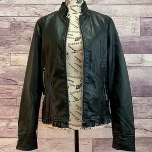 Black Rivet Black Faux Leather Ruffle Trim Zip Jacket